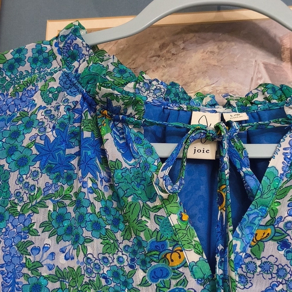 Joie Floral Blue and Green Women's Top Garden Party Brunch Career Large Vacation - Picture 7 of 15